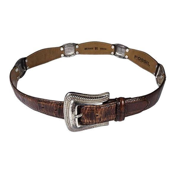 VINTAGE Fossil Etched Silver Hardware Tan Leather Belt M - Picture 12 of 12
